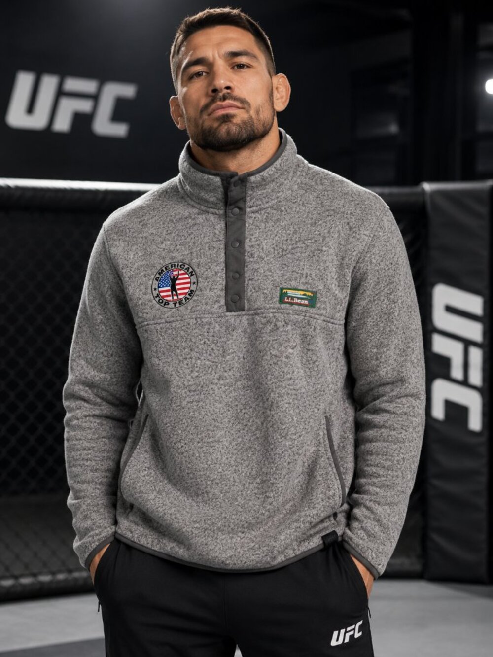 LL Bean American Top Team MMA UFC Fleece Pullover Men’s M Gray Snap